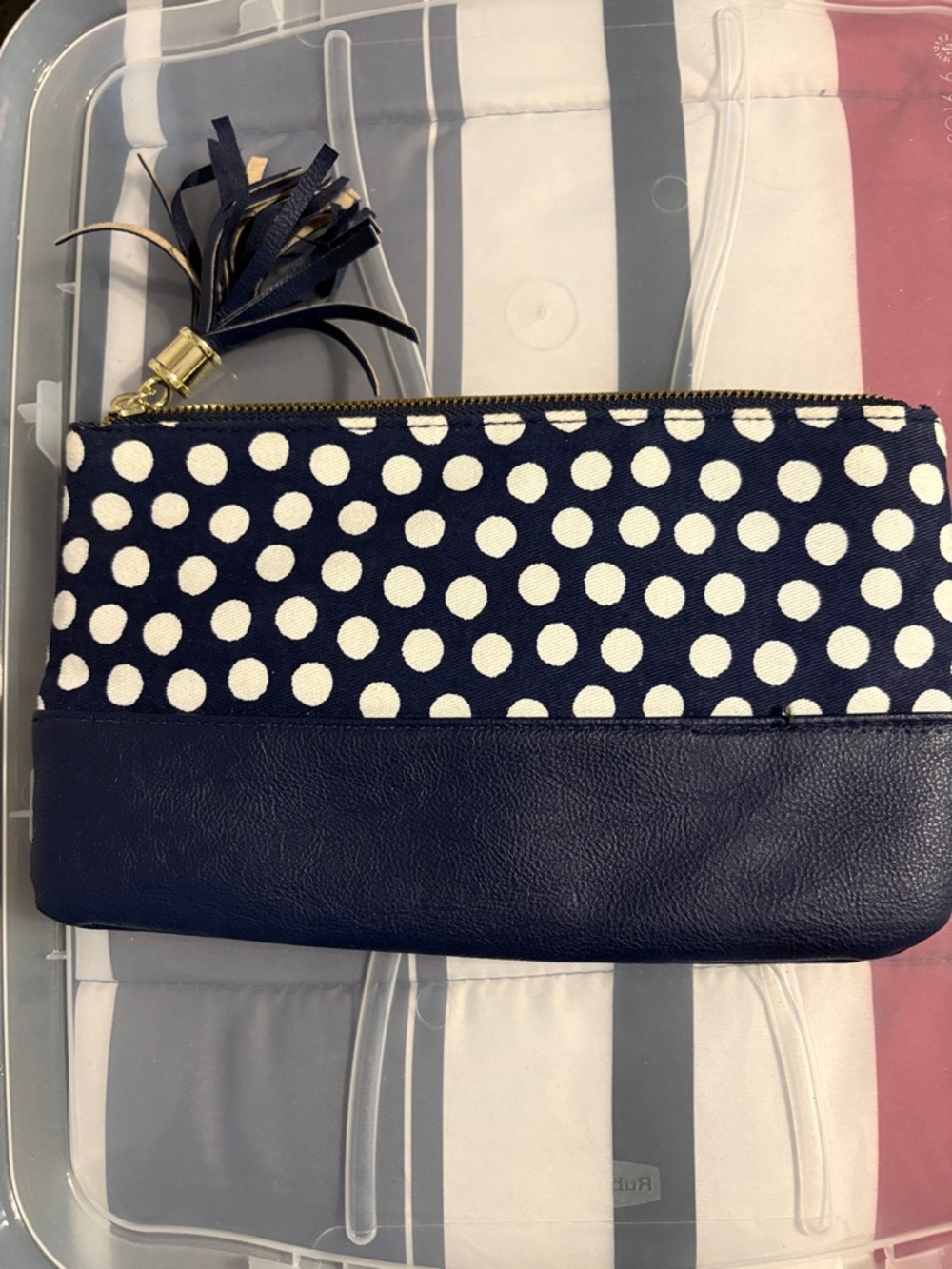 Navy Polka Dot Tassel Wristlet Clutch - Navy & White